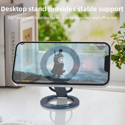 Phone on a stand with a movie playing, placed on a desk with a blurred background