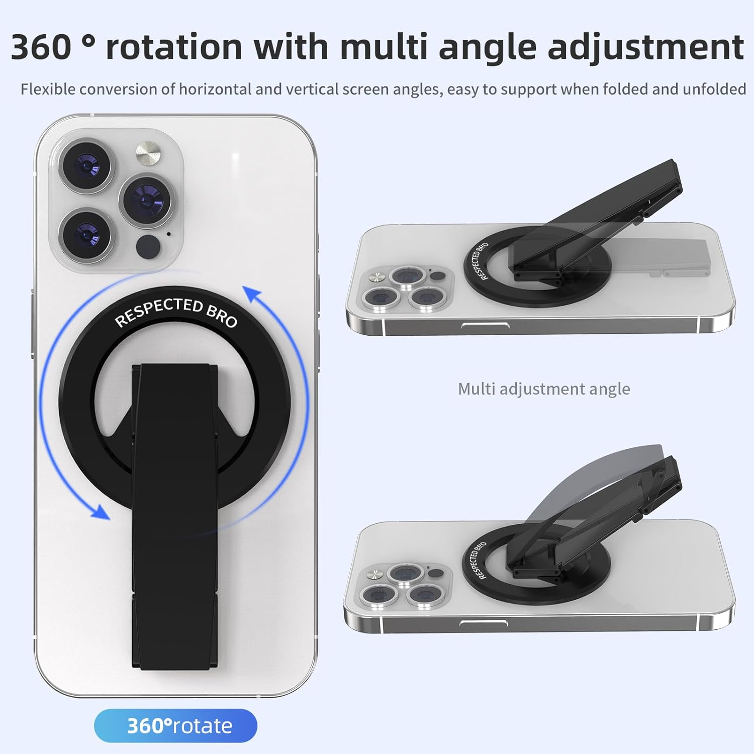 Magnetic-Phone-Grip-Stand, Magnetic Phone Ring Holder Kickstand with Silicone Finger Strap, Compatibility for iPhone 17/16/15/14/13/12, Android, and More (Black)