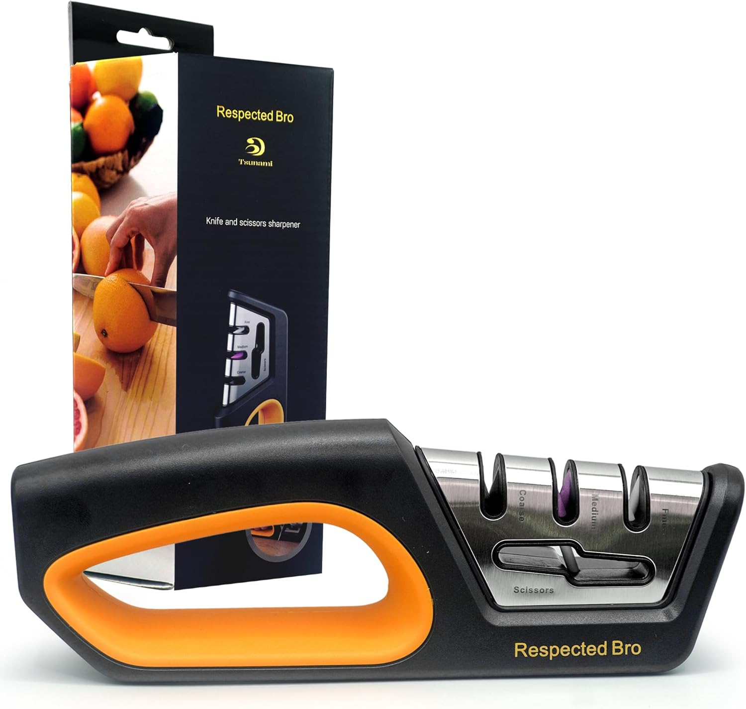 Knife sharpener with orange handle and black body, displayed with its packaging in the background.
