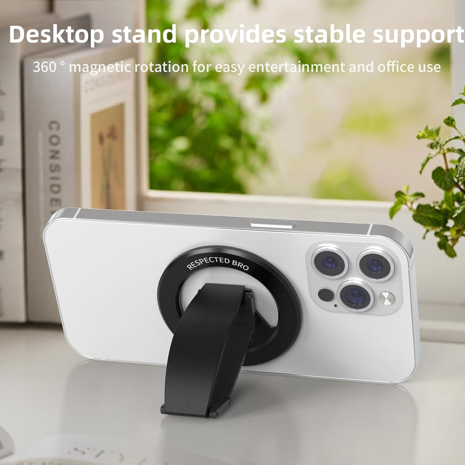 Magnetic-Phone-Grip-Stand, Magnetic Phone Ring Holder Kickstand with Silicone Finger Strap, Compatibility for iPhone 17/16/15/14/13/12, Android, and More (Black)