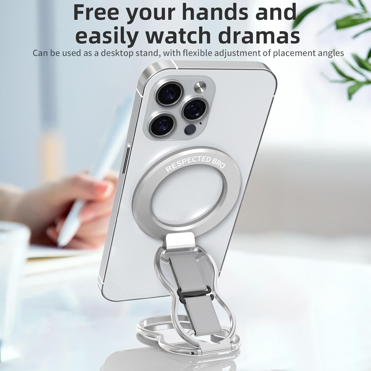 RESPECTED-BRO-Magnetic-Phone-Grip-Stand-with-Finger-Strap, 4-in-1 Magnetic Ring Holder, Kickstand and Elastic Strap for Phones, Universal Fit for iPhone 17/16/15/14/13/12, Android, and Cases (Silver)