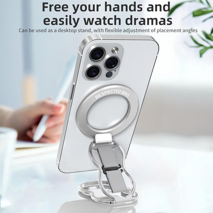 RESPECTED-BRO-Magnetic-Phone-Grip-Stand-with-Finger-Strap, 4-in-1 Magnetic Ring Holder, Kickstand and Elastic Strap for Phones, Universal Fit for iPhone 17/16/15/14/13/12, Android, and Cases (Silver)