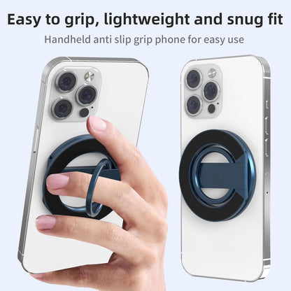 Handheld anti-slip grip phone holder with text on a light blue background