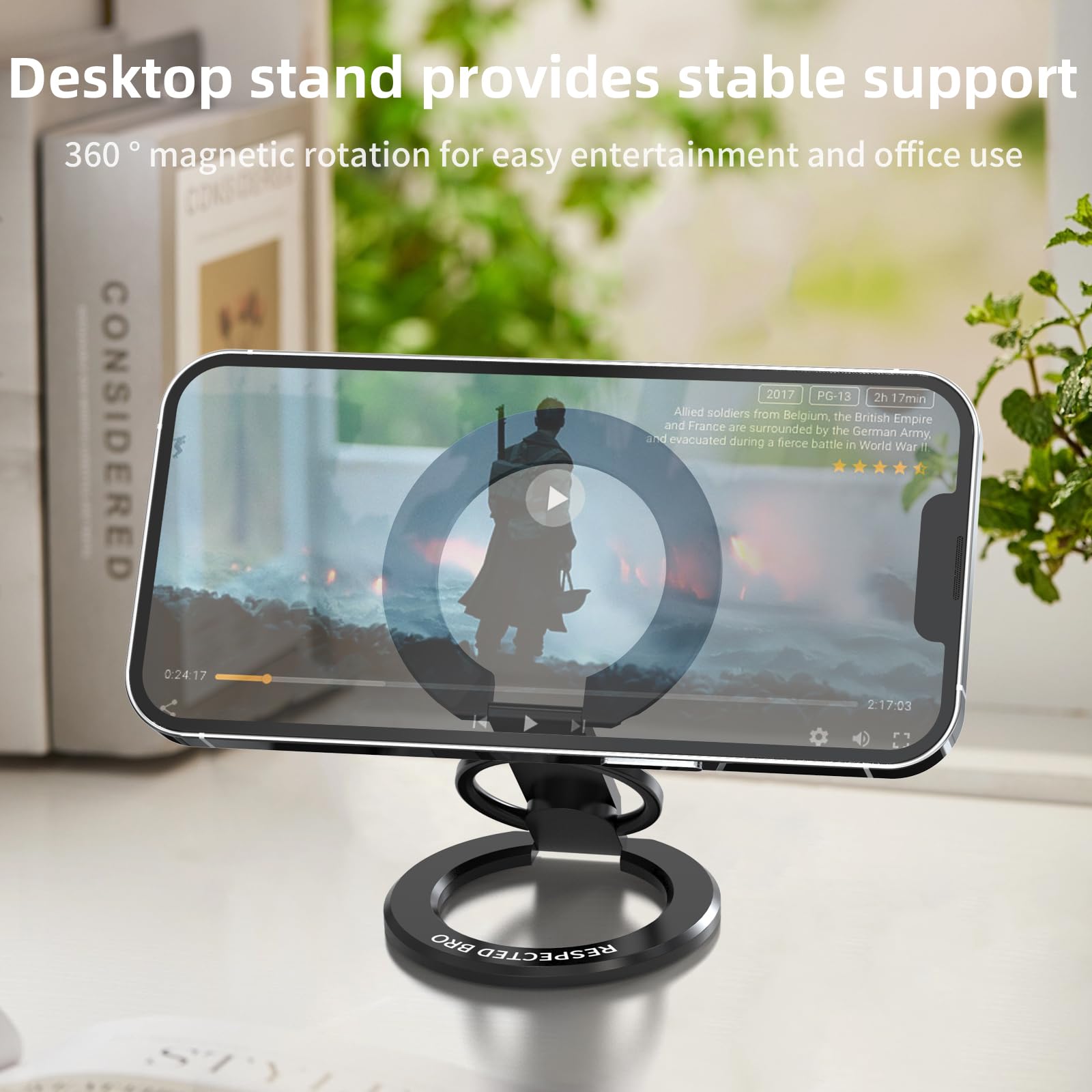 RESPECTED BRO-Magnetic-Phone-Ring-Holder with Dual Rings, Compatible with iPhone 17/16/15/14/13/12, Multifunctional Stand for Desk, Office, Gym, Kitchen & All Metal Surfaces, Finger Loop Grip (Black)