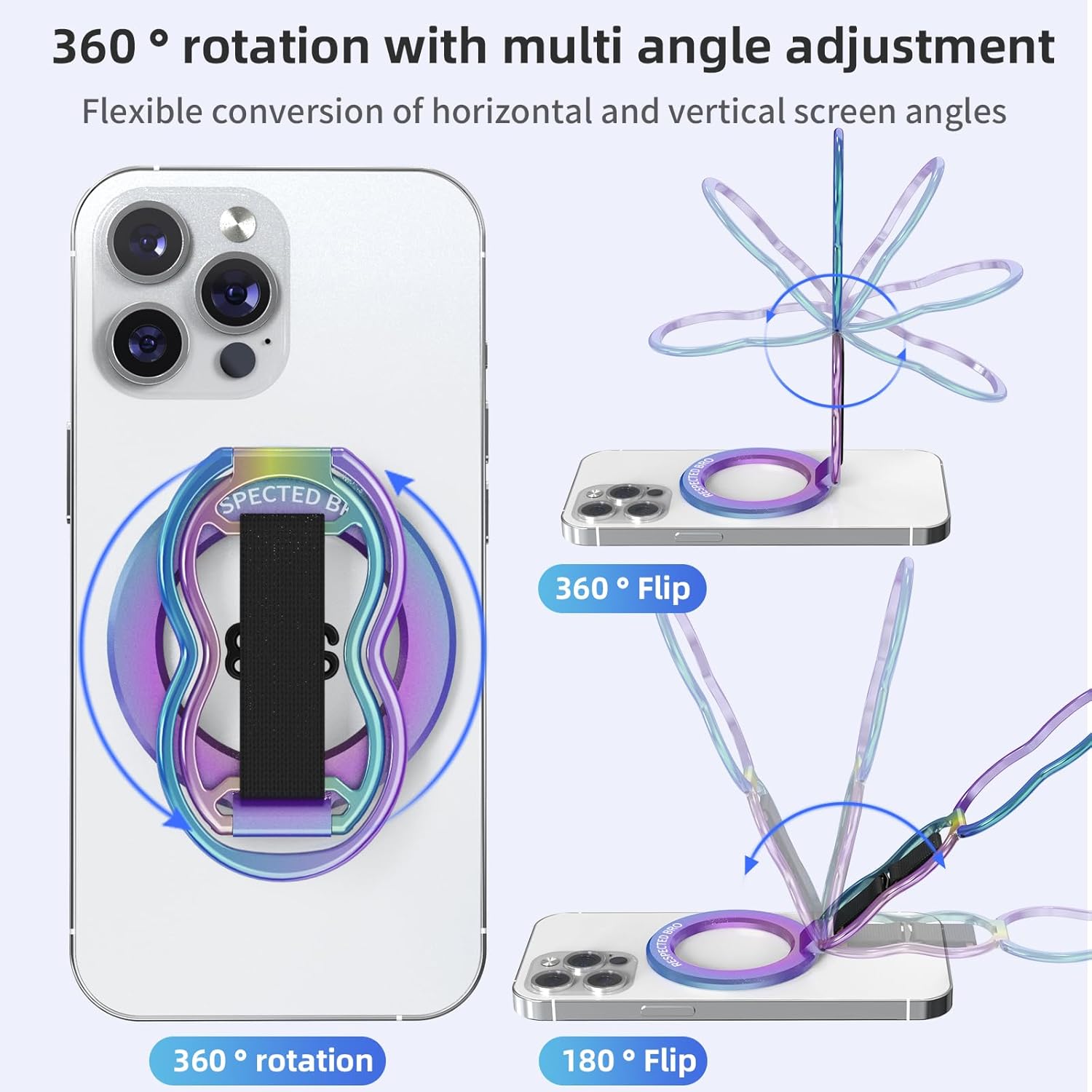 Magnetic-Phone-Grip-Stand-with-Finger-Strap, 4-in-1 Magnetic Ring Holder, Kickstand and Elastic Strap for Phones, Universal Fit for iPhone 17/16/15/14/13/12, Android and Cases (Colorful)