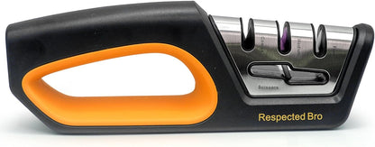 Knife sharpener with black and orange handle on a white background