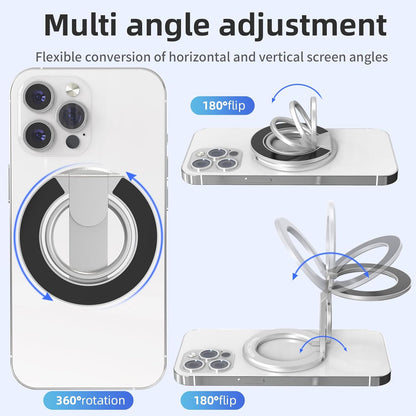 Magnetic-Phone-Ring-Holder with Dual Rings, Compatible with iPhone 17/16/15/14/13/12, Multifunctional Stand for Desk,Office,Gym,Kitchen & All Metal Surfaces, Finger Loop Grip (Silver)