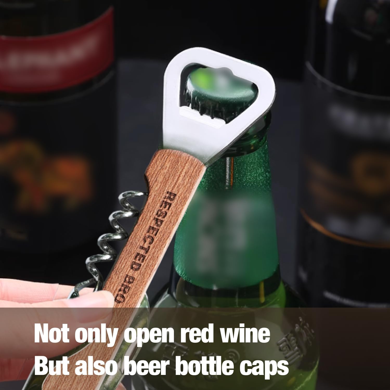 Multi-tool with bottle opener, cork screw, and can opener on a bottle of red wine.
