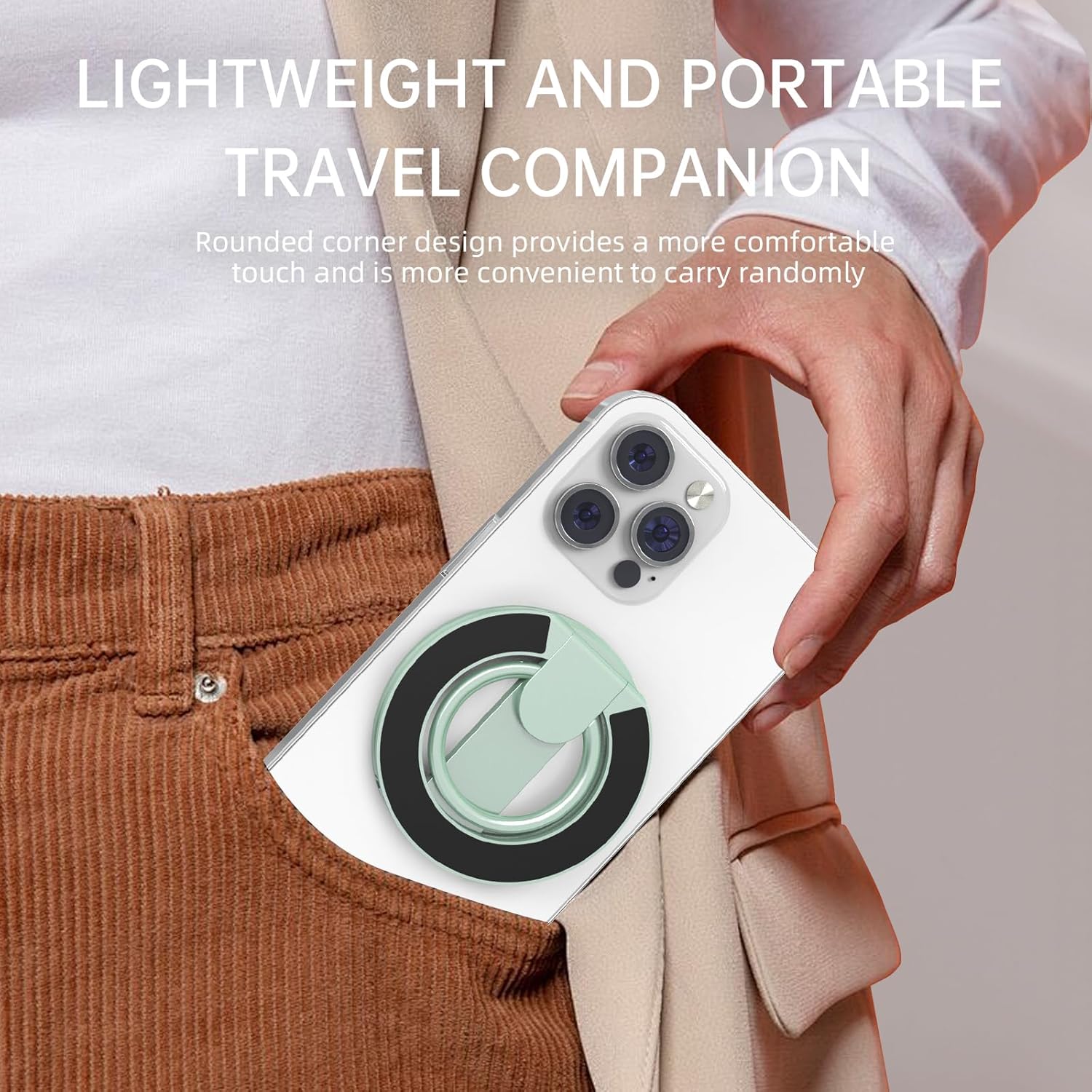 Magnetic-Phone-Ring-Holder with Dual Rings, Compatible with iPhone 17/16/15/14/13/12, Multifunctional Stand for Office, Gym, Kitchen & All Metal Surfaces, Finger Loop Grip (Light Green)