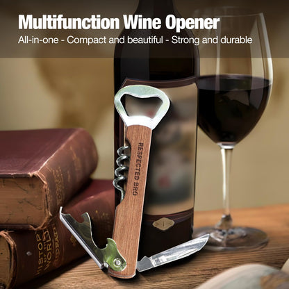 Multifunctional wine opener with bottle, glass, and books on a wooden surface