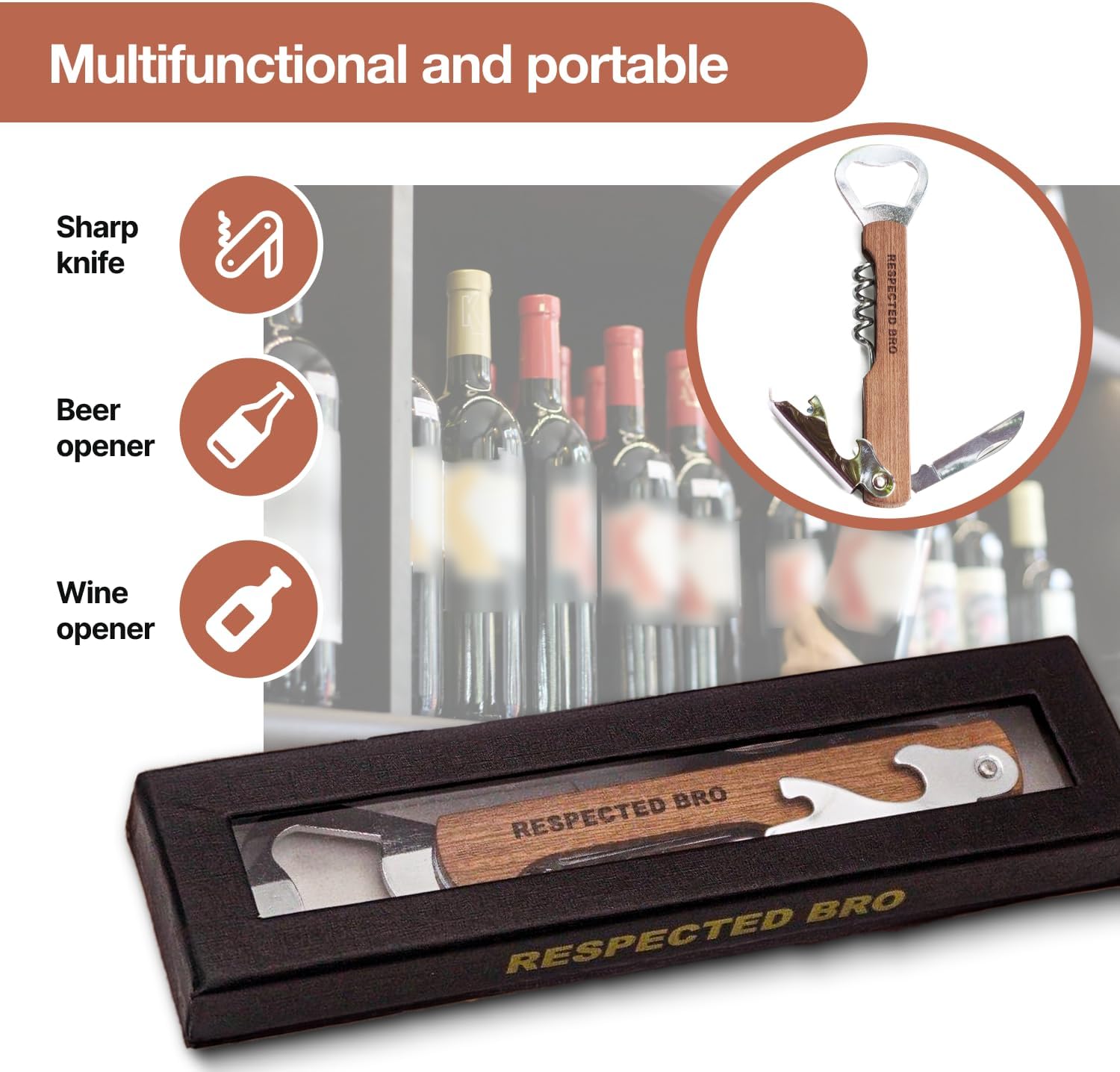Multifunctional tool with knife, beer opener, and wine opener in a wooden box with 'Respected Bro' branding.