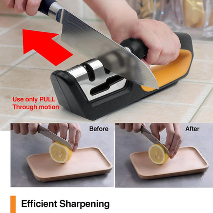 Knife sharpener being used to sharpen a knife, with before and after images of cutting a lemon.