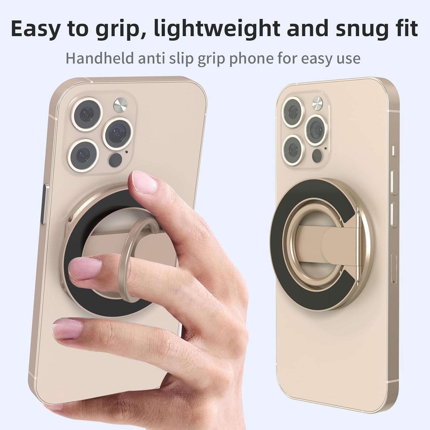 Handheld anti-slip grip phone case with ring holder on a light blue background