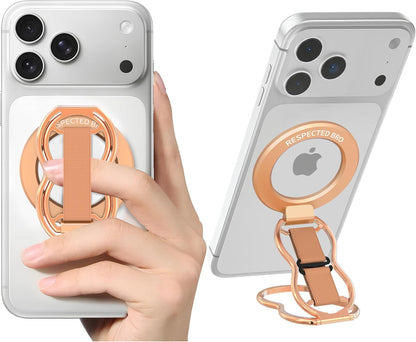 Magnetic-Phone-Grip-Stand-with-Finger-Strap, 4-in-1 Magnetic Ring Holder, Kickstand and Elastic Strap for Phones, Universal Fit for iPhone 17/16/15/14/13/12, Android and Cases(Rose Gold)