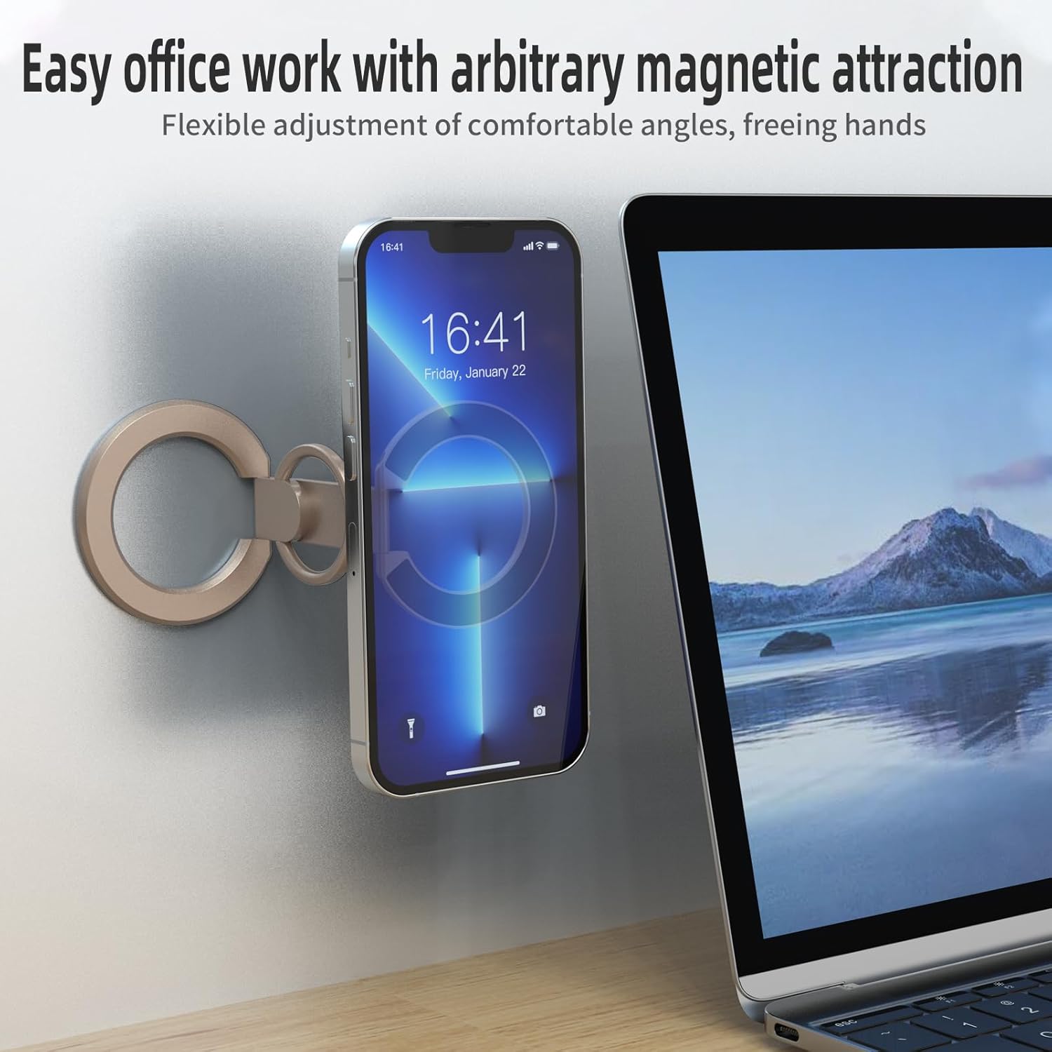 Magnetic-Phone-Ring-Holder with Dual Rings, Compatible with iPhone 17/16/15/14/13/12, Multifunctional Stand for Office, Gym, Kitchen & All Metal Surfaces, Finger Loop Grip (Desert Gold)