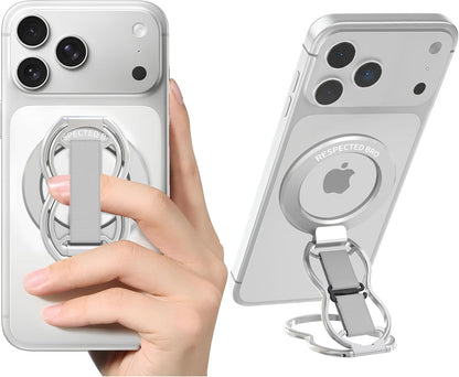 RESPECTED-BRO-Magnetic-Phone-Grip-Stand-with-Finger-Strap, 4-in-1 Magnetic Ring Holder, Kickstand and Elastic Strap for Phones, Universal Fit for iPhone 17/16/15/14/13/12, Android, and Cases (Silver)