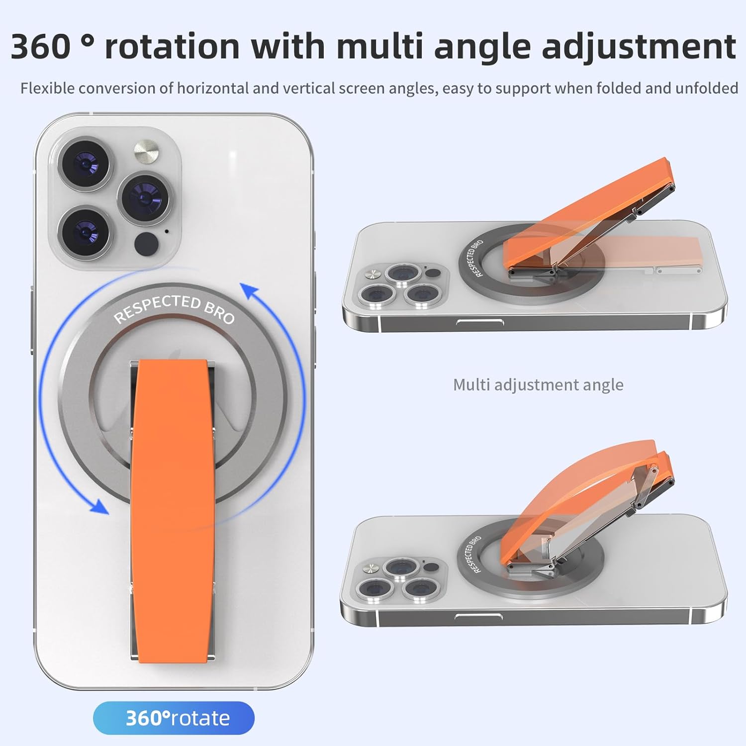 Magnetic-Phone-Grip-Stand, Magnetic Phone Ring Holder Kickstand with Silicone Finger Strap, Compatibility for iPhone 17/16/15/14/13/12, Android, and More (Orange)