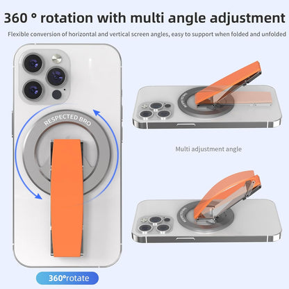 Magnetic-Phone-Grip-Stand, Magnetic Phone Ring Holder Kickstand with Silicone Finger Strap, Compatibility for iPhone 17/16/15/14/13/12, Android, and More (Orange)