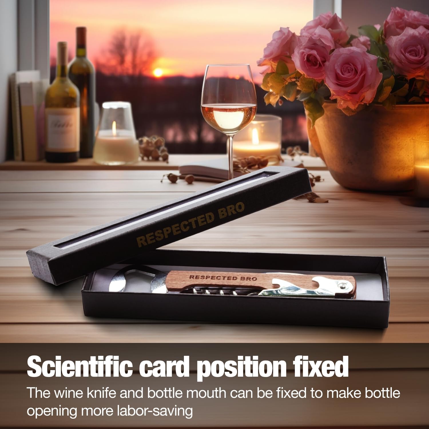 Wine knife set in a box on a table with wine bottles, glasses, and flowers in the background.