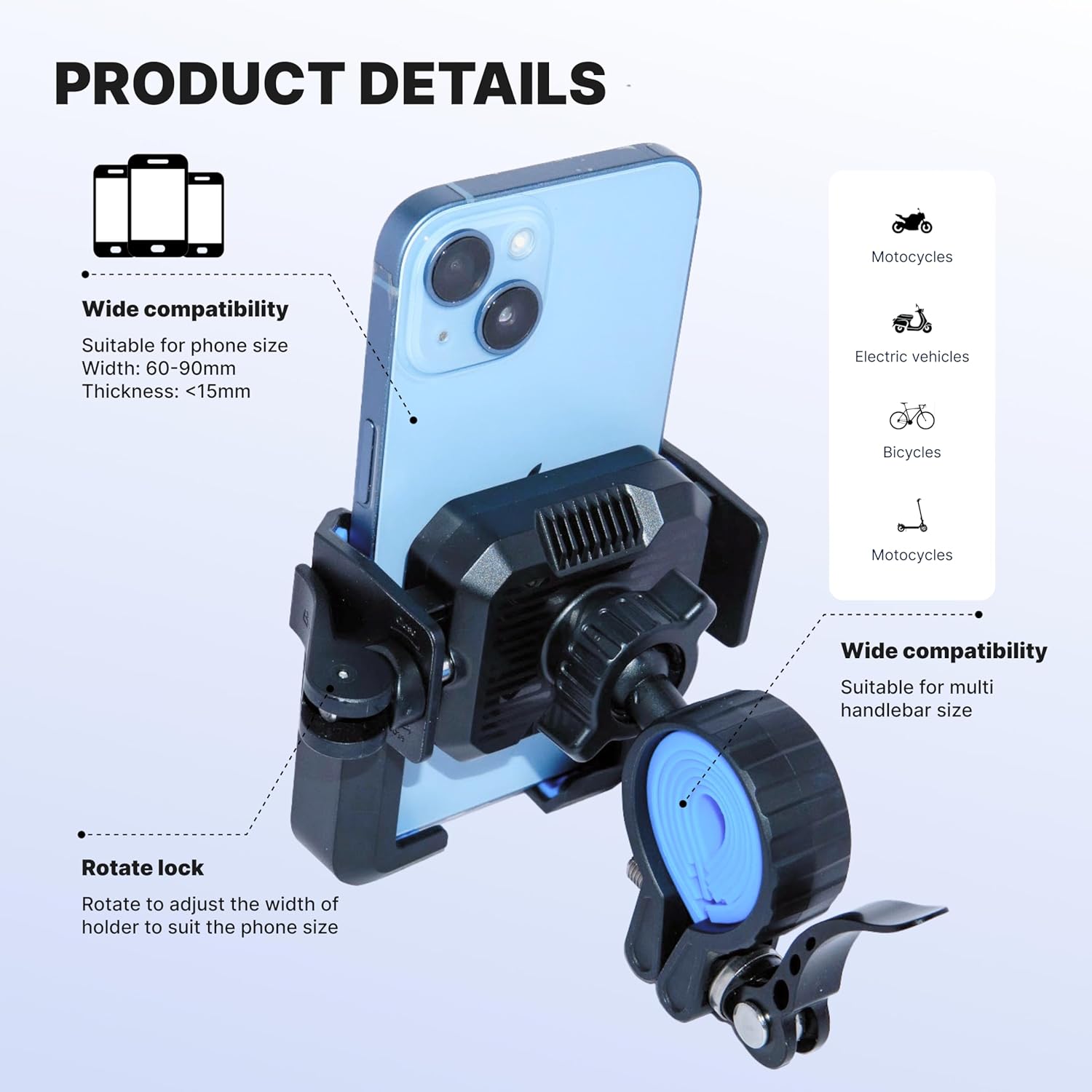 Phone mount with compatibility details on a light blue background
