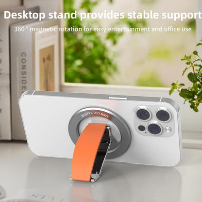 Magnetic-Phone-Grip-Stand, Magnetic Phone Ring Holder Kickstand with Silicone Finger Strap, Compatibility for iPhone 17/16/15/14/13/12, Android, and More (Orange)