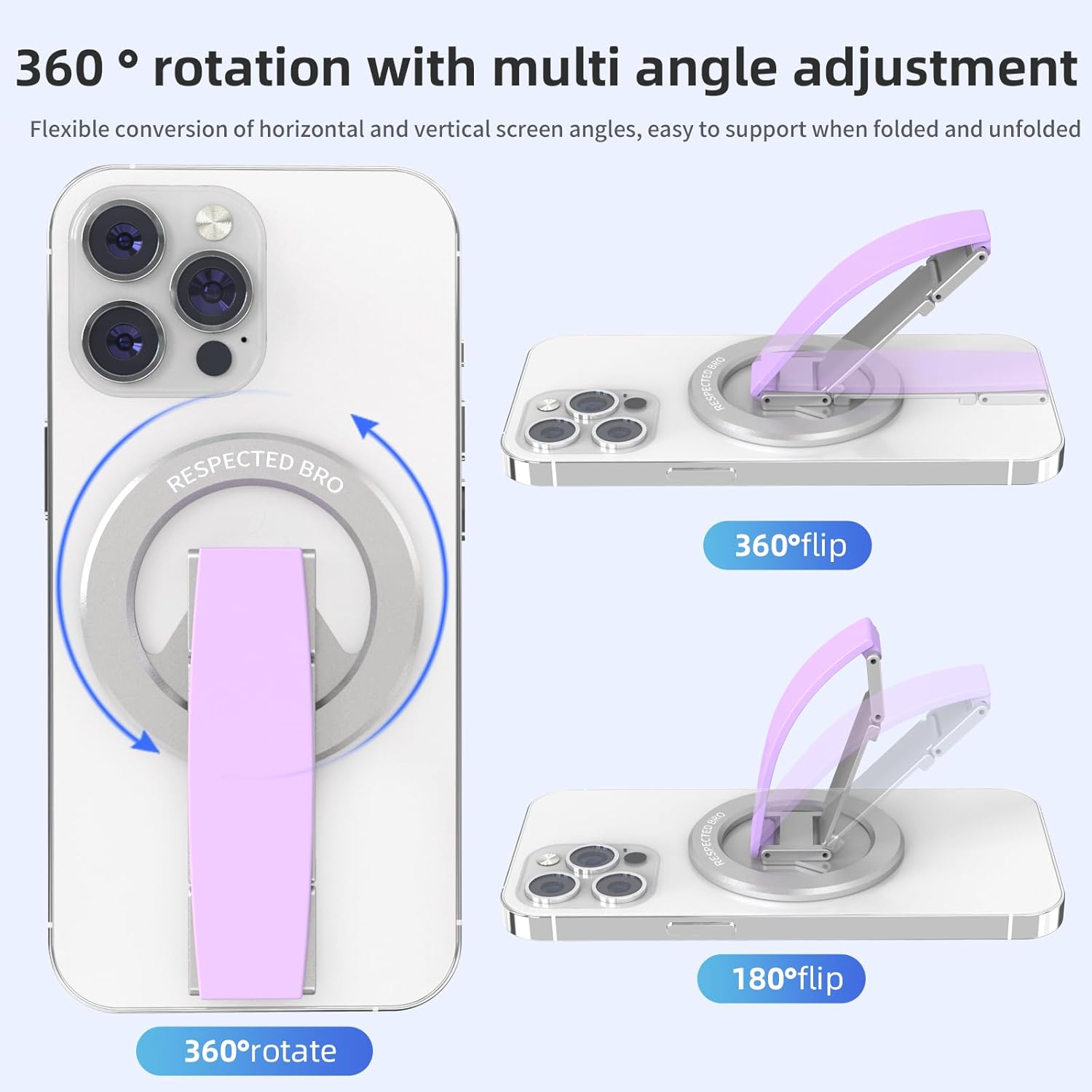 Magnetic-Phone-Grip-Stand, Magnetic Phone Ring Holder Kickstand with Silicone Finger Strap, Compatibility for iPhone 17/16/15/14/13/12, Android, and More (Purple)