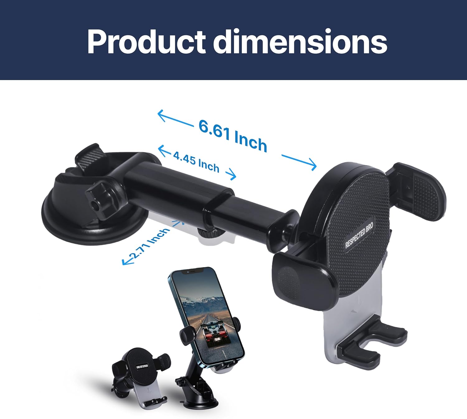 Car phone holder with dimensions labeled on a white background