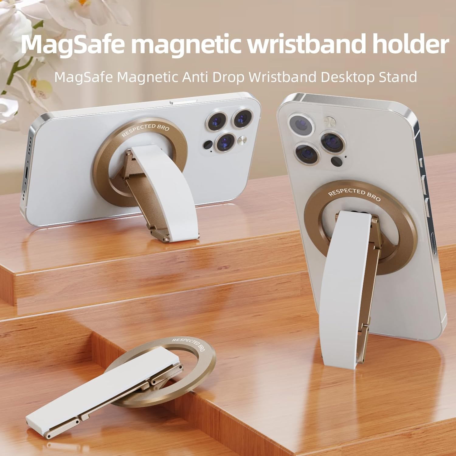 Magnetic-Phone-Grip-Stand, Magnetic Phone Ring Holder Kickstand with Silicone Finger Strap, Compatibility for iPhone 17/16/15/14/13/12, Android, and More (White)