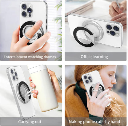 Magnetic-Phone-Ring-Holder with Dual Rings, Compatible with iPhone 17/16/15/14/13/12, Multifunctional Stand for Desk,Office,Gym,Kitchen & All Metal Surfaces, Finger Loop Grip (Silver)