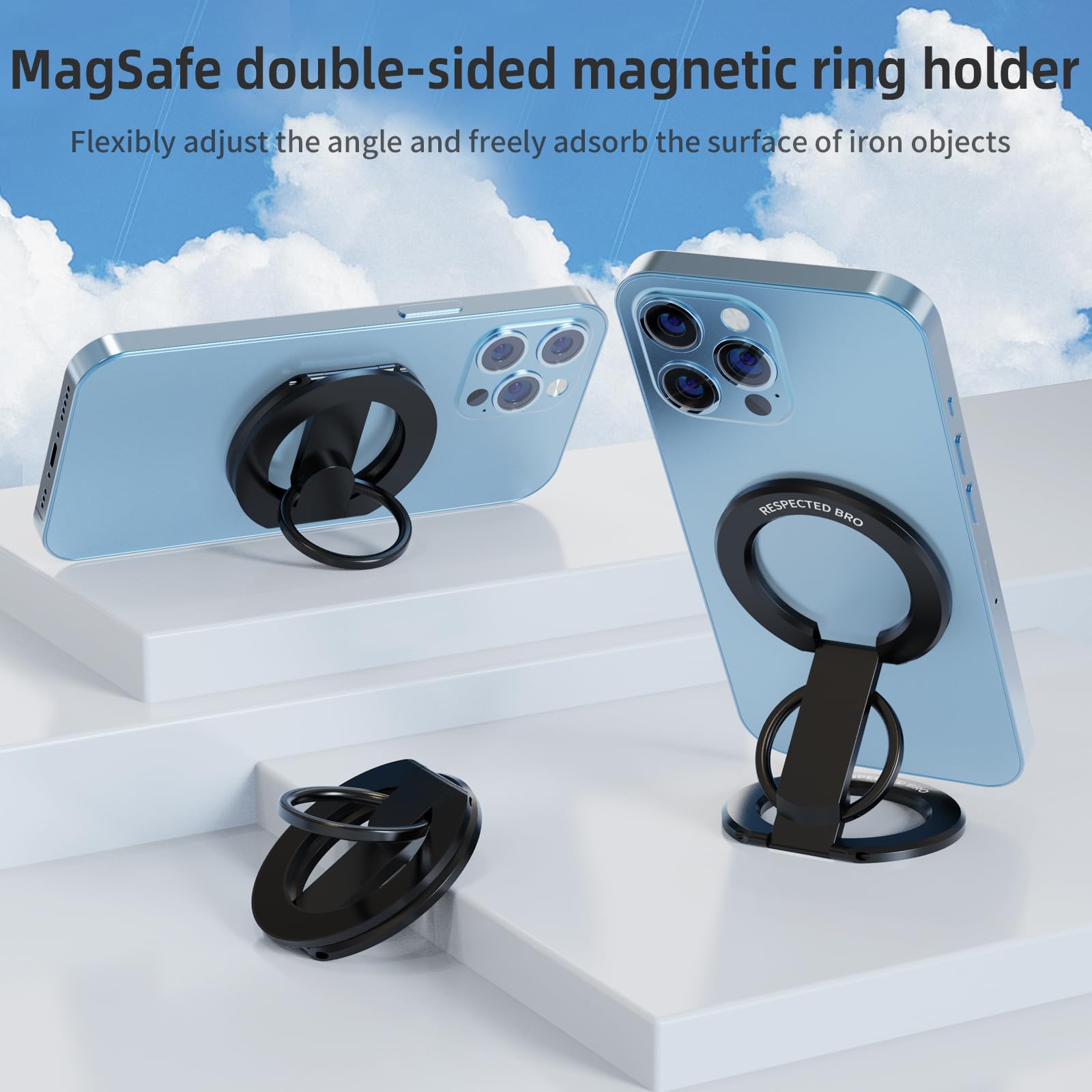RESPECTED BRO-Magnetic-Phone-Ring-Holder with Dual Rings, Compatible with iPhone 17/16/15/14/13/12, Multifunctional Stand for Desk, Office, Gym, Kitchen & All Metal Surfaces, Finger Loop Grip (Black)