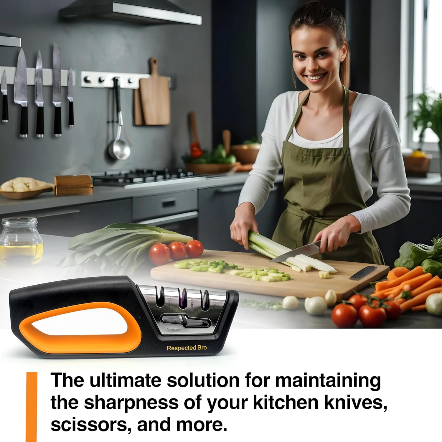 Woman in a kitchen using a knife sharpener with vegetables on a cutting board.