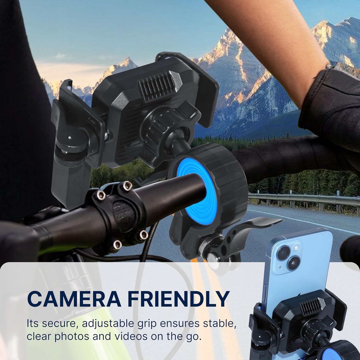 Camera mount on bicycle handlebar with scenic background