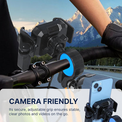 Camera mount on bicycle handlebar with scenic background