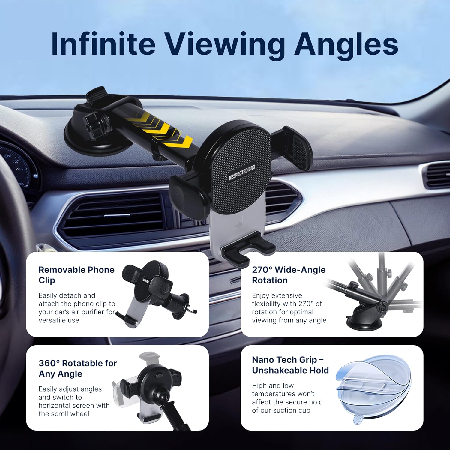 Car phone holder with features highlighted on a car interior background
