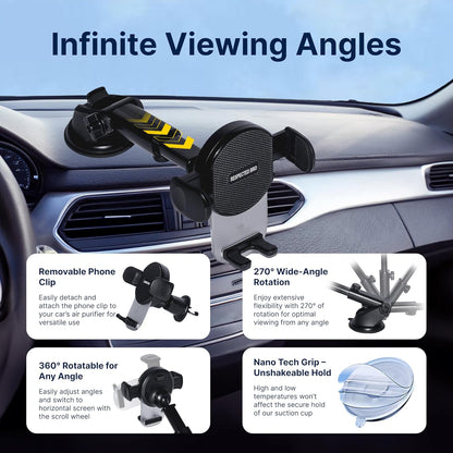 Car phone holder with features highlighted on a car interior background