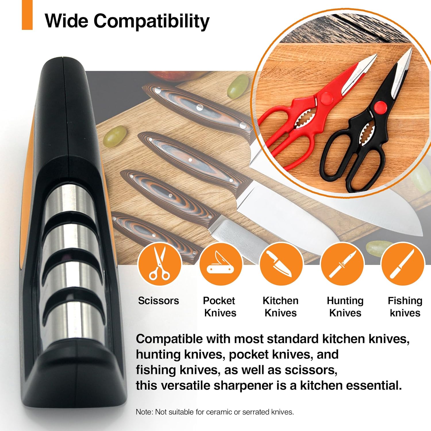 Knife sharpener with compatibility features highlighted on a white background