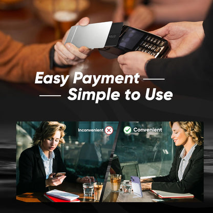 Two people using smartphones for payment with text 'Easy Payment - Simple to Use'.