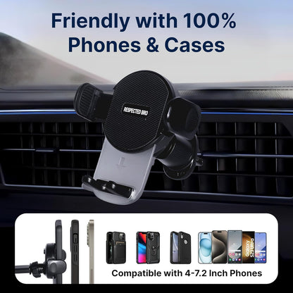 Car phone holder mounted on a car's air vent with compatibility information displayed.