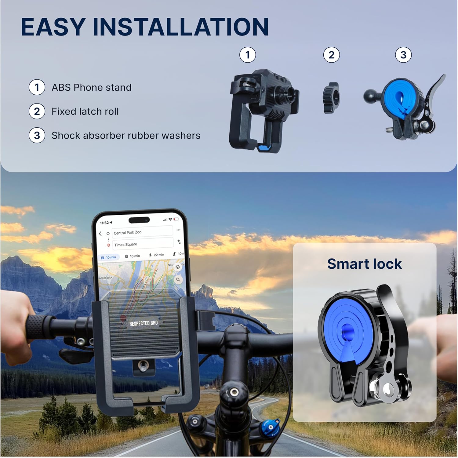 Bicycle phone mount with smart lock and installation components against a scenic background