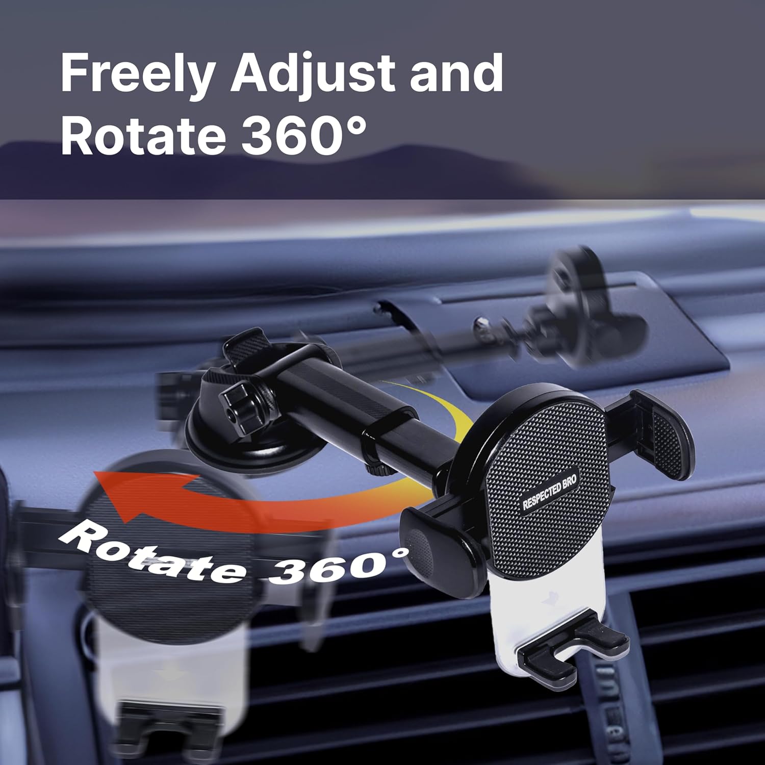 360-degree adjustable car phone mount on a car dashboard with text indicating its features.