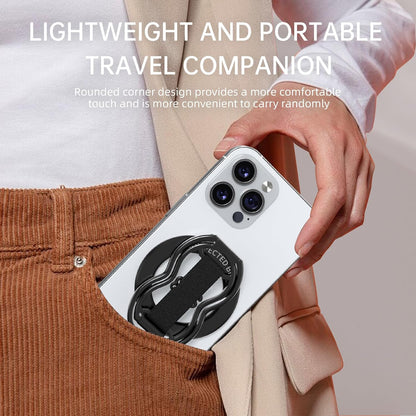 Magnetic-Phone-Grip-Stand-with-Finger-Strap, 4-in-1 Magnetic Ring Holder, Kickstand and Elastic Strap for Phones, Universal Fit for iPhone 17/16/15/14/13/12, Android, and Cases (Black)