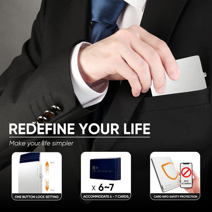 Person in a suit with a cardholder, text 'REDEFINE YOUR LIFE', and product features on a gray background.