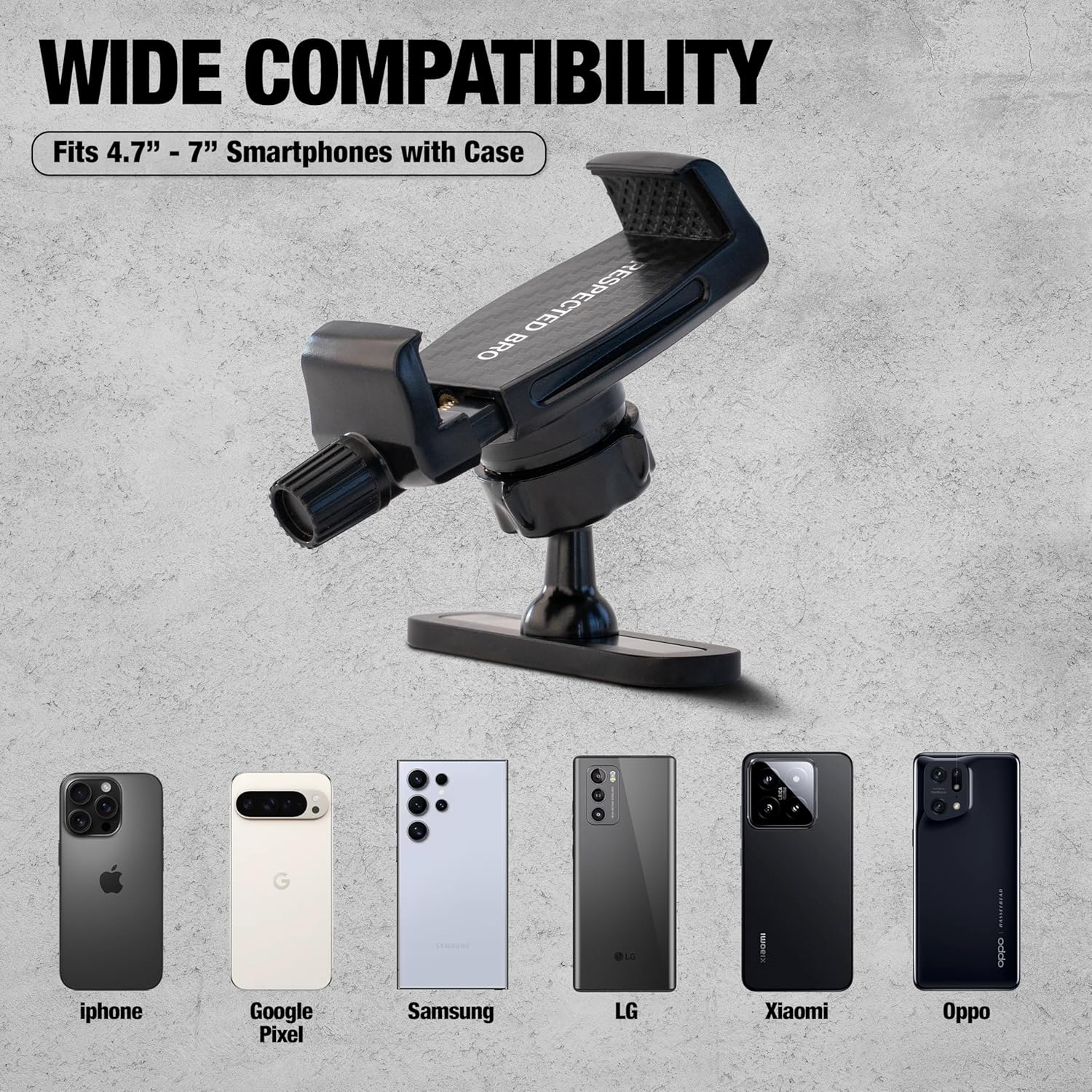 Phone holder with compatibility for various smartphone brands on a gray background