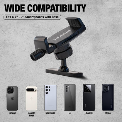 Phone holder with compatibility for various smartphone brands on a gray background