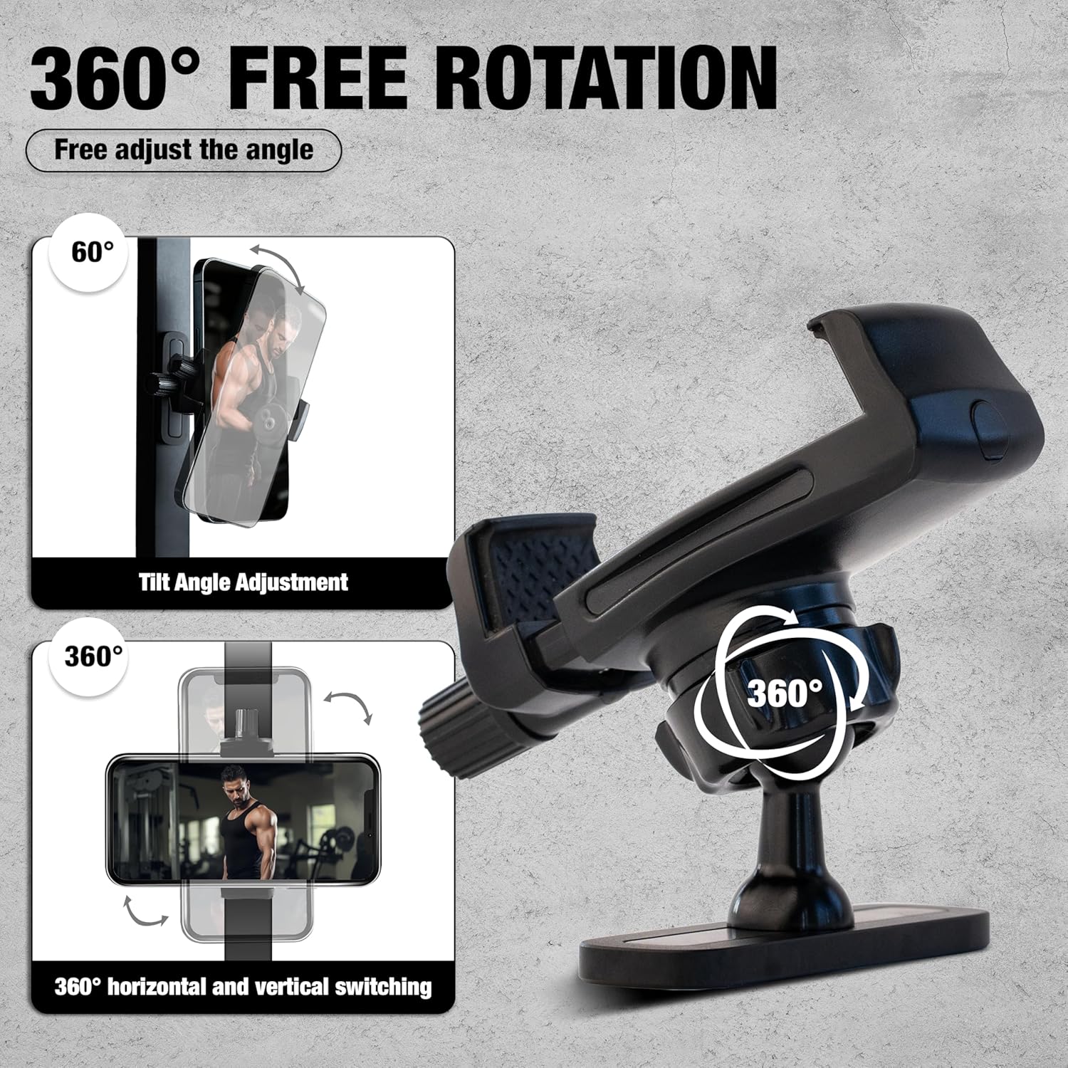 360-degree adjustable phone holder with text on a gray background