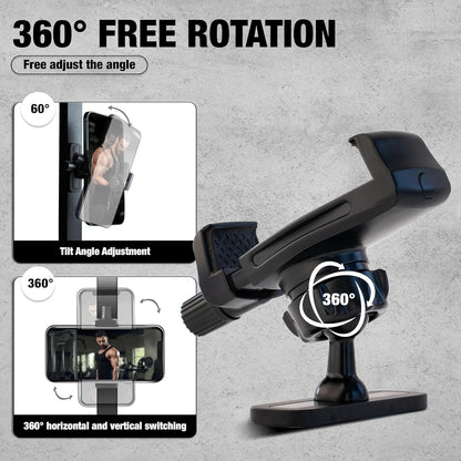 360-degree adjustable phone holder with text on a gray background