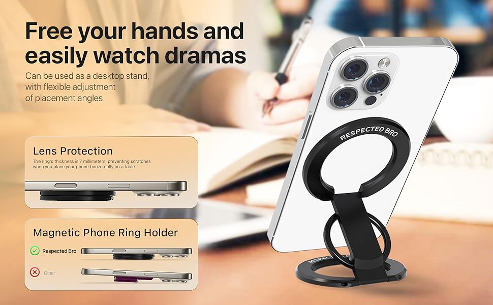 Phone ring holder with lens protection feature on a smartphone, placed on a desk.