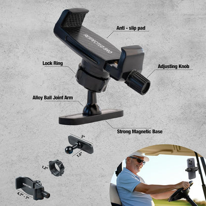 Golf cart phone mount with labeled parts on a gray background