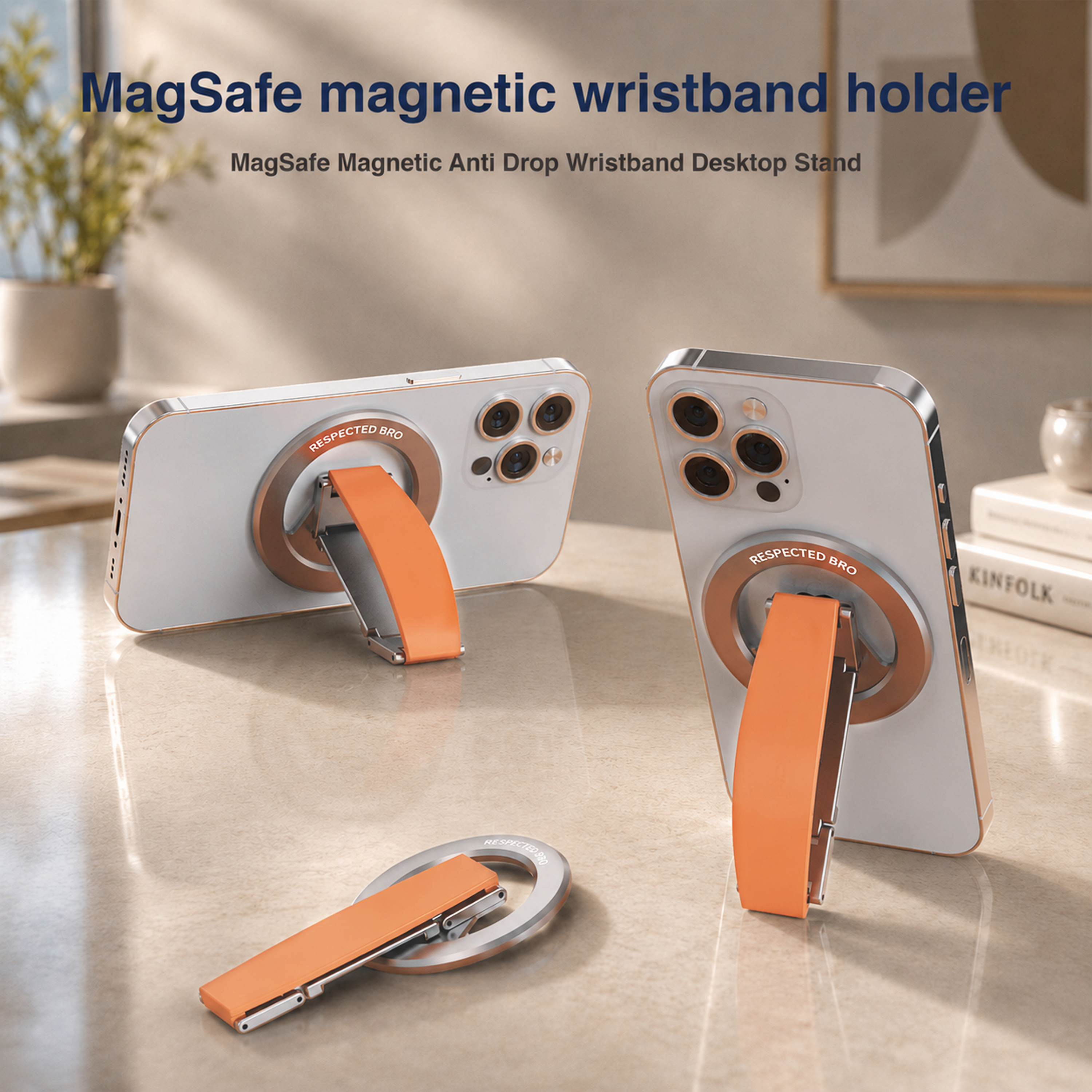 Support magnétique pour téléphone, anneau de maintien magnétique avec dragonne en silicone, compatible avec iPhone 17/16/15/14/13/12, Android et autres (Orange) 
