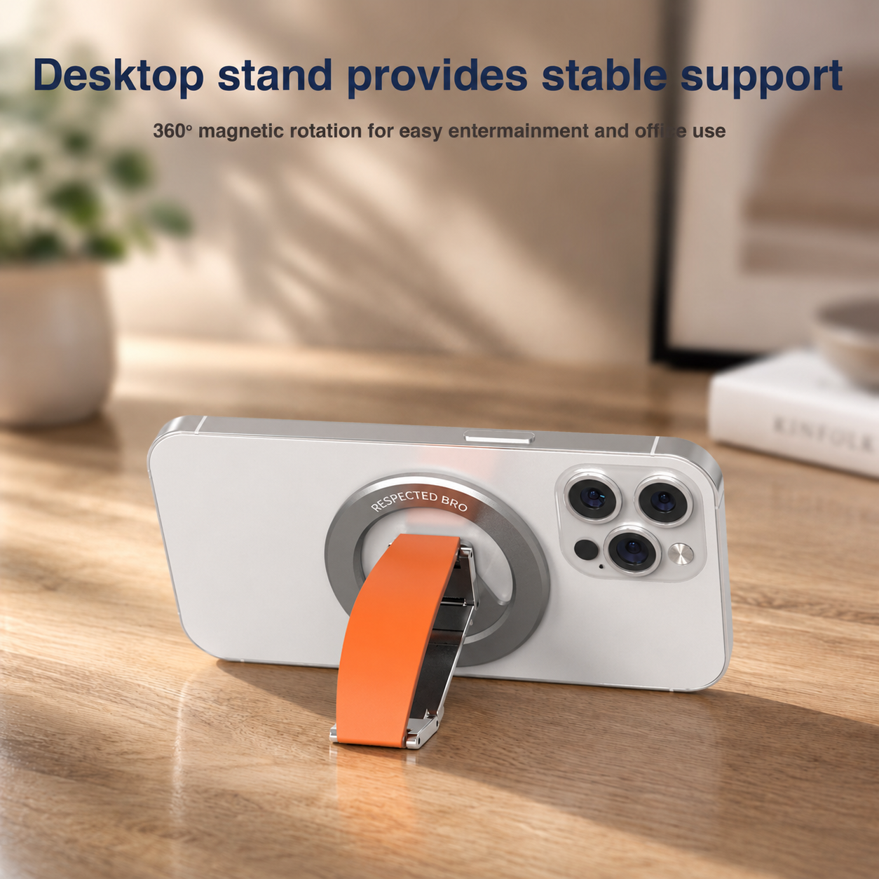 Support magnétique pour téléphone, anneau de maintien magnétique avec dragonne en silicone, compatible avec iPhone 17/16/15/14/13/12, Android et autres (Orange) 